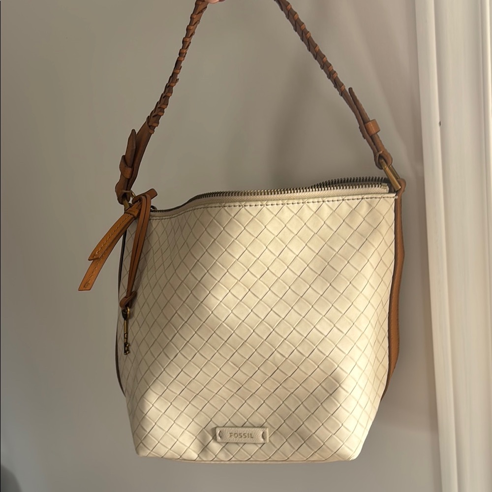 Off White and Tan FOSSIL Woven Shoulder Bag